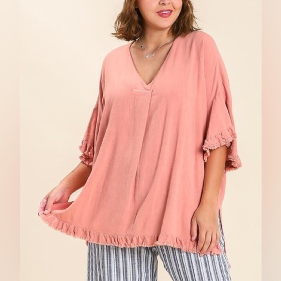 Umgee Plus Size 1X Rose Pink Linen Blend Hi Low V Neck Frayed Hems Tunic - Picture 1 of 9